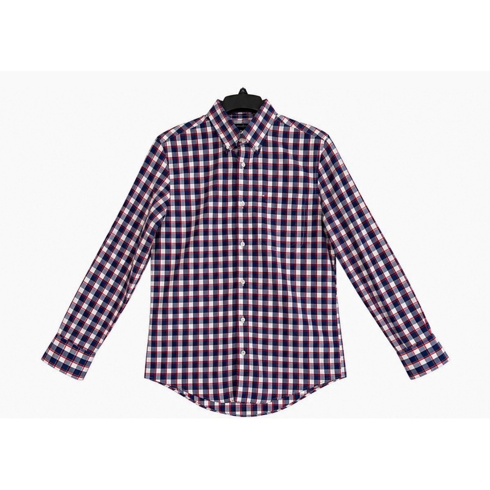 Tommy Hilfiger Mens Small Plaid Cotton Woven Button Up Shirt TW7828571 Navy Red